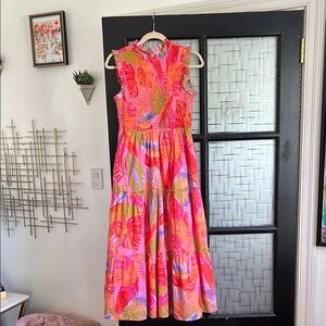 Vibrant Pink and Orange Pleated Maxi Sundress for Weddings